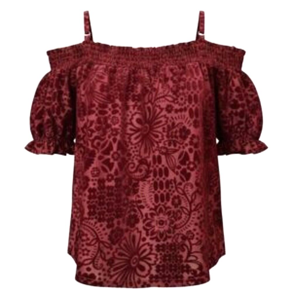 A. Byer Red Floral Velvet Burnout Cold Shoulder Top